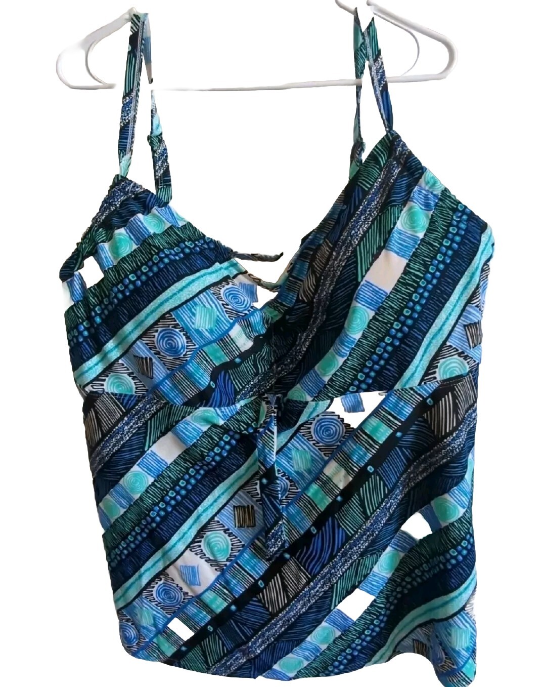 Swimsuit For All Tankini 24DD Blue Green Diagonal Print Center Tie Underwire-image