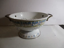 Vintage Enamel Colander M Kamenstein White Brass Blue Pink w Geese Flowers 1980