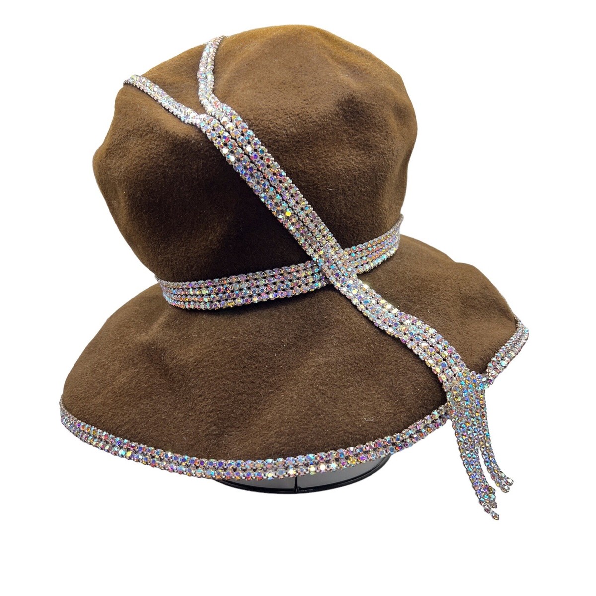 Rare Scruples By EVE ANDREA Hat Vintage Wool AB Rhinestone Brown