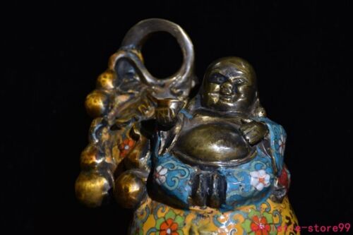 7"China Buddhism temple bronze cloisonne calabash wealth Maitreya Buddha statue - Picture 3 of 9