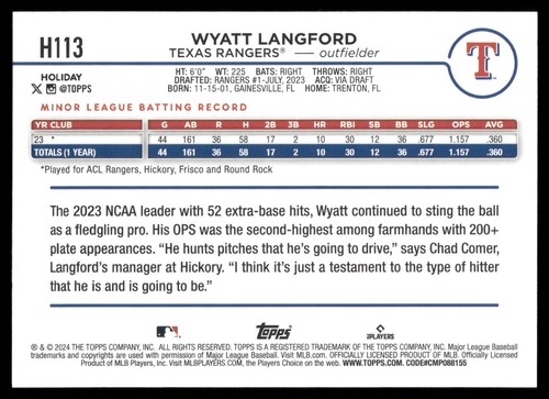 2024 Topps Holiday WYATT LANGFORD RC Variation Short Print #H113 - Picture 2 of 2
