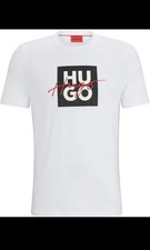 HUGO Hugo Boss Men's White Logo T-Shirt Large Red Script Box Graphic Tee