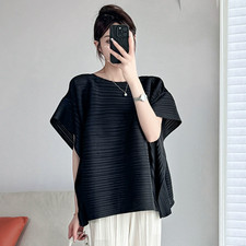 Summer Pleated Casual Short Sleeved T-Shirt Women Loose Tops Crew Neck