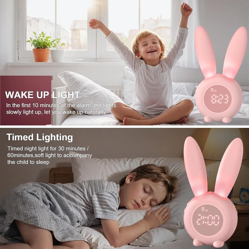 Sveglia Bambini Coniglio da Comodino con Luce Notturna Funzione Snooze Timer - Immagine 4 di 4