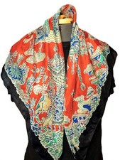Ladies Pure Silk Scarf Chinoiserie Illustrative Design 31"X33" Vntg Bold Colors