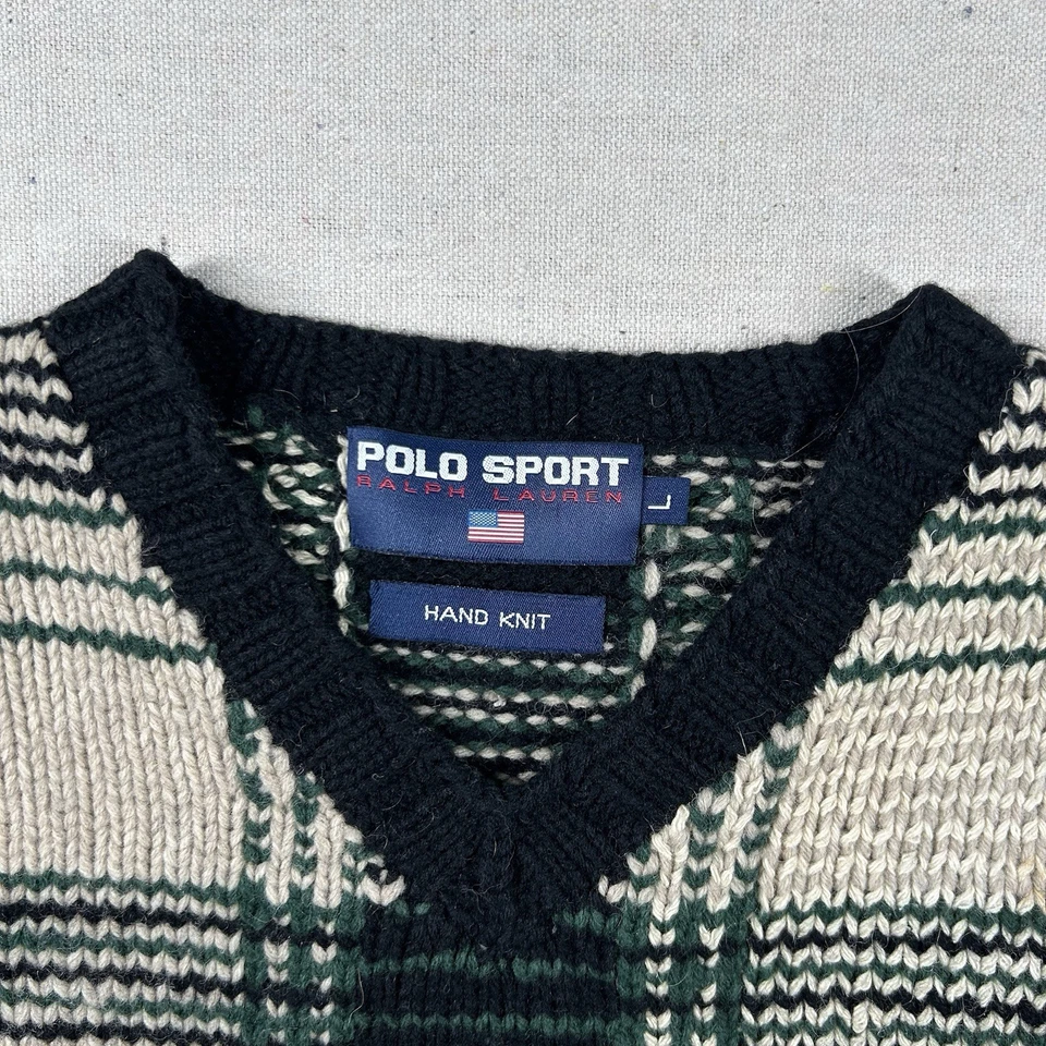 Vintage Polo Sport Sweater Mens L Hand Knit Tartan Wool Linen 90s Retro Chunky - Image 3 of 4