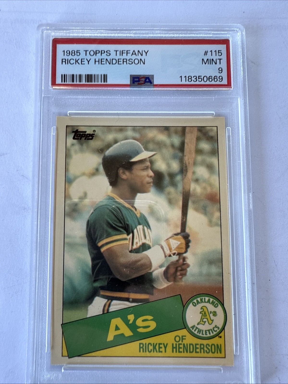 1985 TOPPS TIFFANY #115 RICKEY HENDERSON ATHLETICS HOF PSA 9!! 👀🔥🔥
