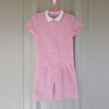 Girls Vintage Seersucker Red Ehite Gingham Romper Size 3 to 4 Peter Pan Collar
