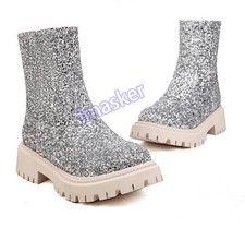 Occident Women's Sequins Zip Platform Ankle Boots Formal Party Casual Club Shoes