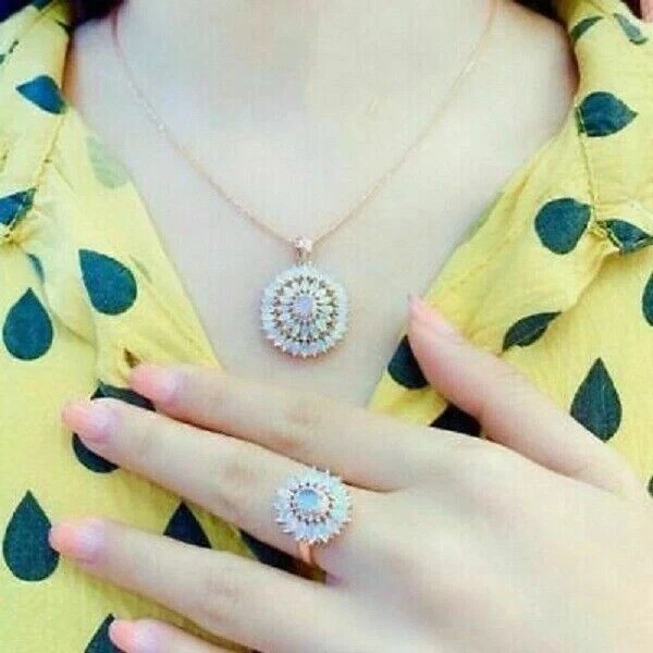 4CT Oval Cut Fire Opal Women's Flower Pendant Free Chain 14K Yellow Gold Finish - Image 4 of 4