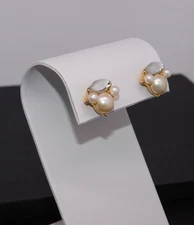 Vintage TRIFARI Gold Tone Faux Pearl Clear Cabochon Stud Post Pierced Earrings