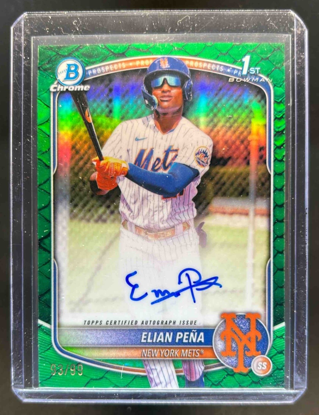 2025 Bowman Chrome Elian Pena Auto Reptilian Green Refractor 1st Prospect #93/99