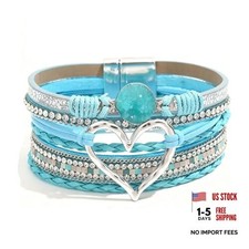Leather Wrap Bracelets for Women, Boho Leopard Multi-Layer Crystal Heart Blue