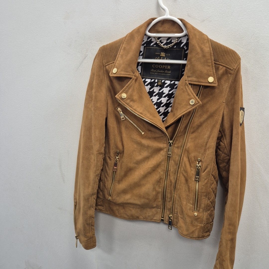 Holland Cooper Brown Soft Suede Leather Country Biker Houndstooth Jacket Uk 12
