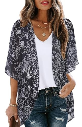 Women's Floral Print Puff Sleeve Kimono Cardigan Large Black Brief Flowers