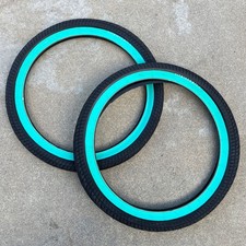 PAIR of FIT BMX BLACK w/ TEAL BICYCLE TIRE 20 X 2.40" ODYSSEY SUNDAY CULT