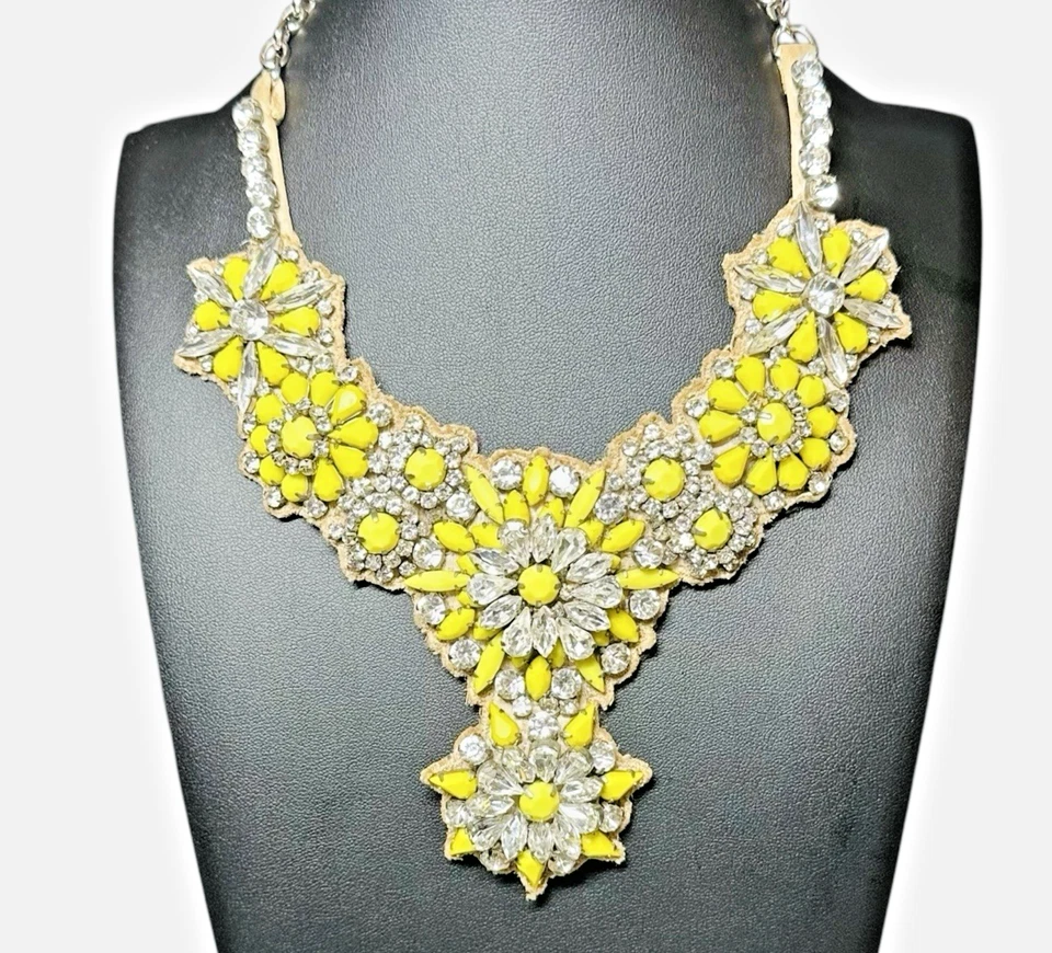 VALENTINO Fluoro Flowers Crystal Satin Bib Necklace Statement Collar Sign Yellow - Image 2 of 4