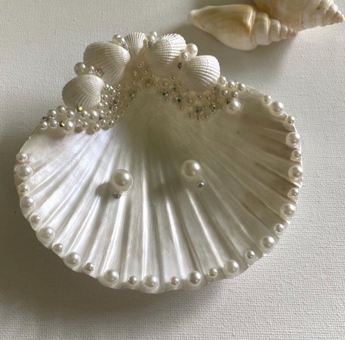 Muschel Ring Schale, Strand Hochzeit Perle, Strass Option Ringträger Halter - Bild 4 von 10