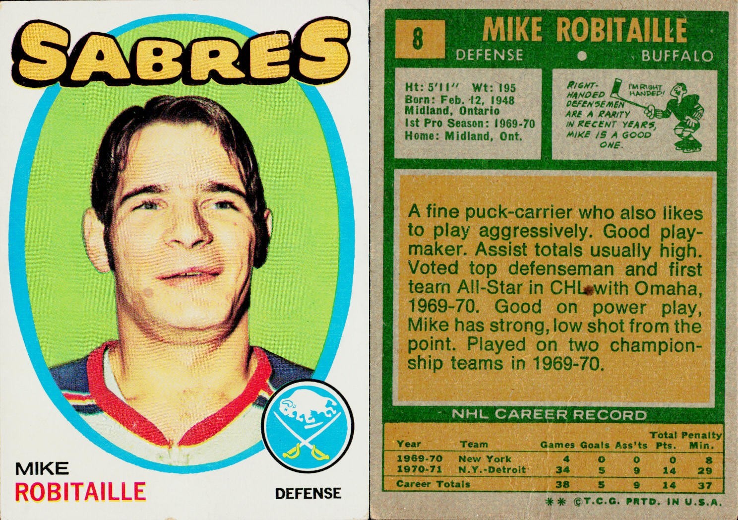 1971-72 Topps Hockey Card #8 Mike Robitaille