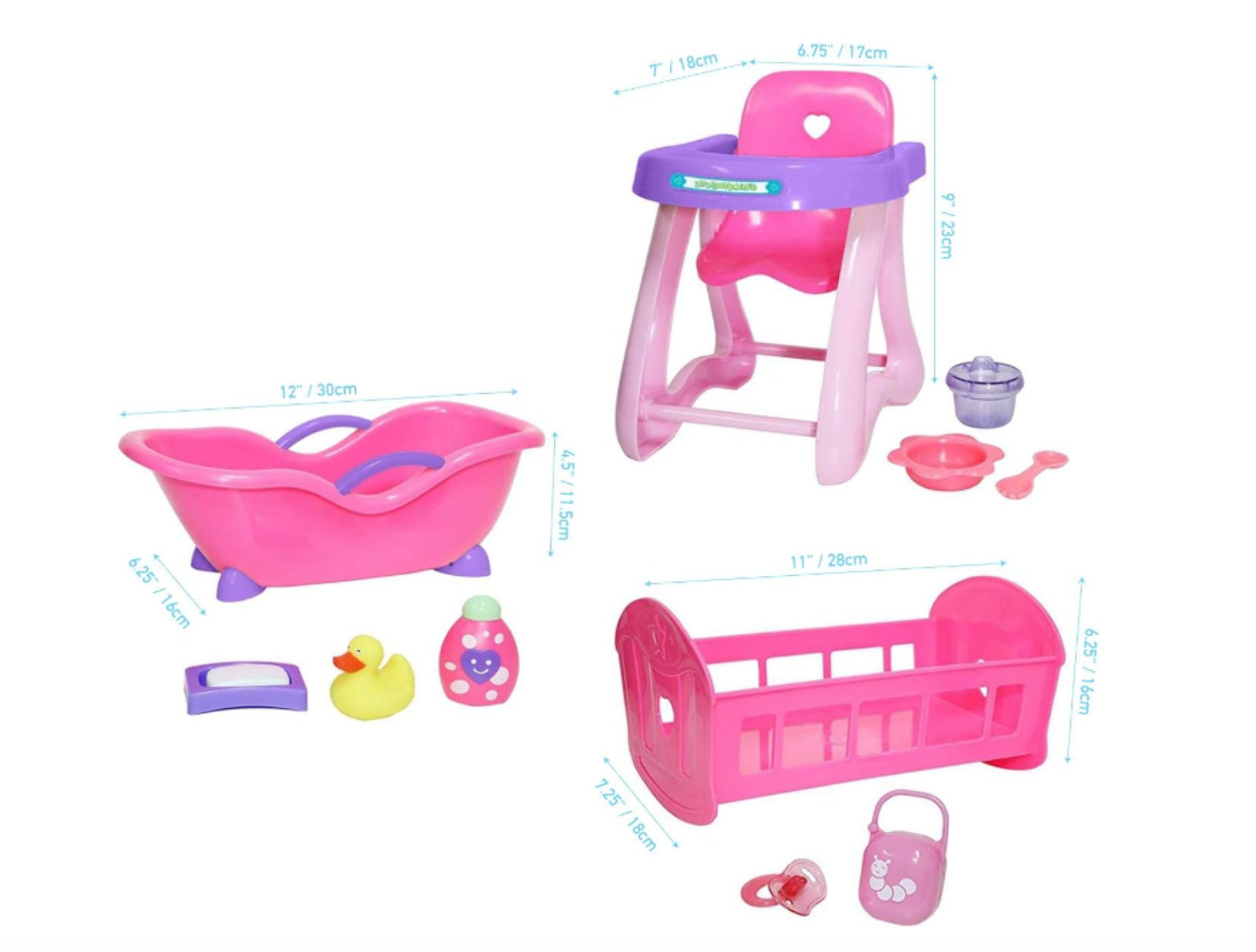 JC Toys Deluxe Doll Accessory Bundle | High Chair, Crib, Bat