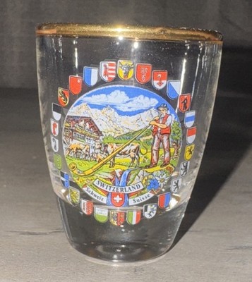 Vintage Switzerland Shot Glass Swiss Farmer Blowing Alphorn With Curved Gold Rim