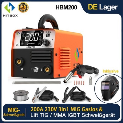 HITBOX 3in1 MIG-Schweißgerät ARC DC 200A 230V IGBT Mini Gaslos Schweißmaschine