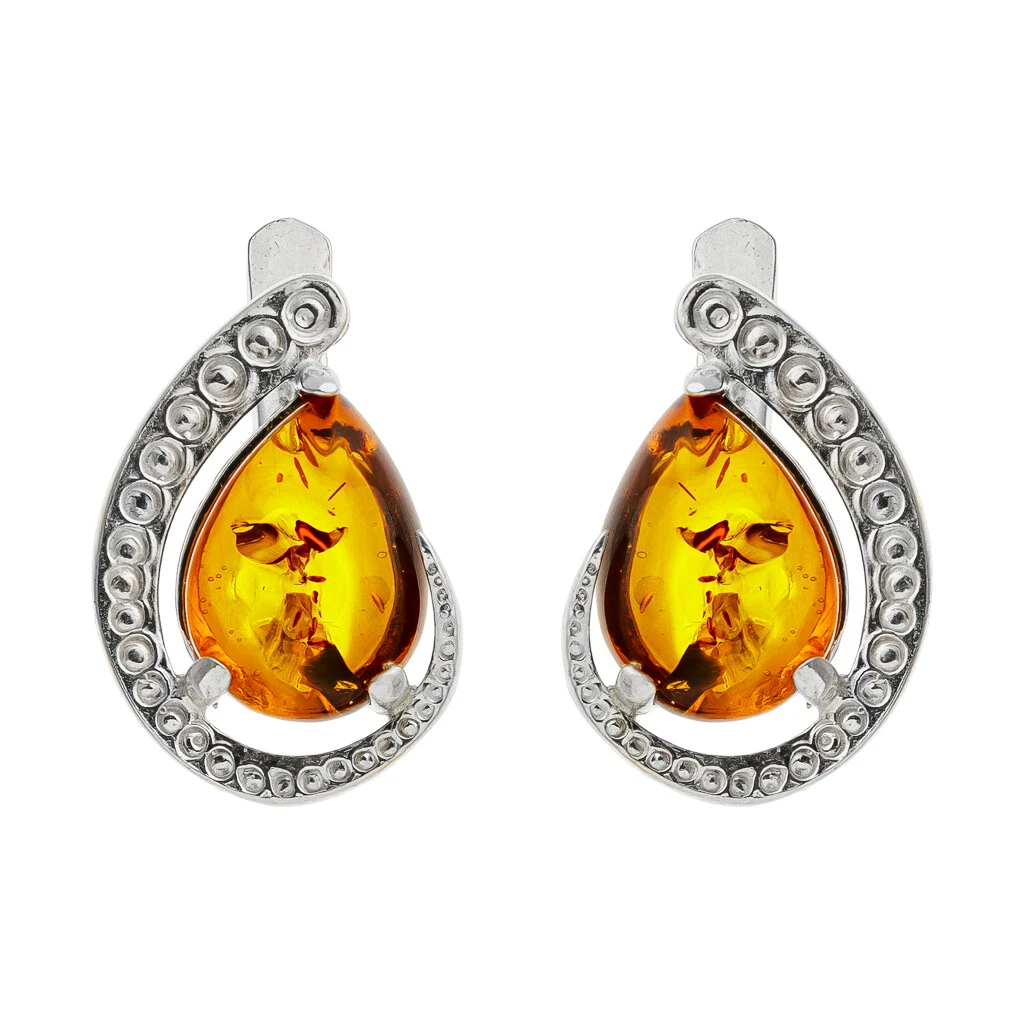 Pretty Genuine Baltic Amber Earrings 925 Sterling Silver Cognac