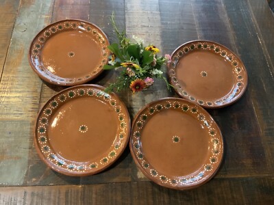 Mexican Redware Clay Barro Dinner Plates Set of 4 - 10 