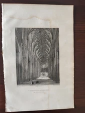 ANTIQUE ORIGINAL B/W ENGRAVING-SACRAL ARCHITECTURE-WINCHESTER CATHEDRAL-1851