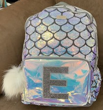 JUSTICE BACKPACK INITIAL E MERMAID SEQUINS SHIMMERING IRIDESCENT