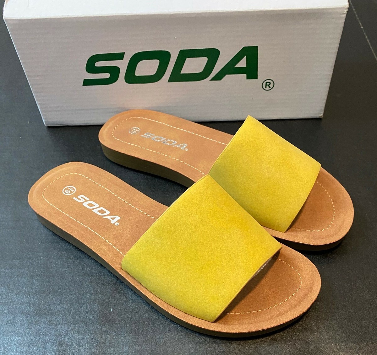 Soda Shoes Slide Flip Flops, Mustard, Size MSRP