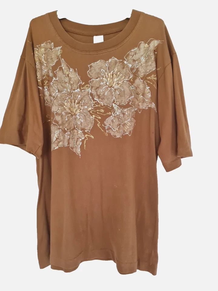 Ladies All Cotton T-Shirt GOLD - Metallic Gold & Pearl Painted Flowers Size L - image 4 of 4