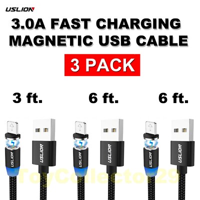 Black USLION Magnetic USB Cable Charger 3A Fast Charging Mirco USB pack 