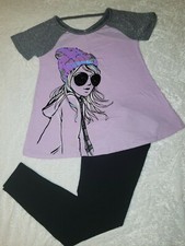 Justice 10 Graphic Girl Flip Sequin Shimmer Flare Top Black Leggings Outfit Lot