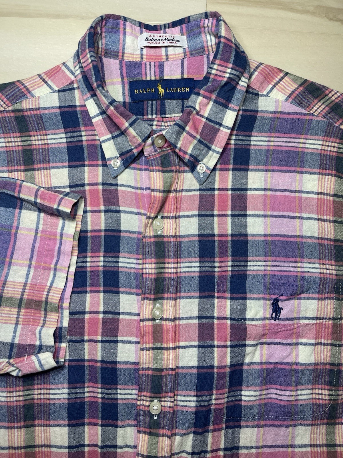 Polo Ralph Lauren Shirt Men’s Sz Med Indian Madras Pink Navy Plaid Preppy Casual
