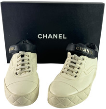 CHANEL COCO Mark White  Black Leather Low Top Sneakers 37.5 - 7.5US