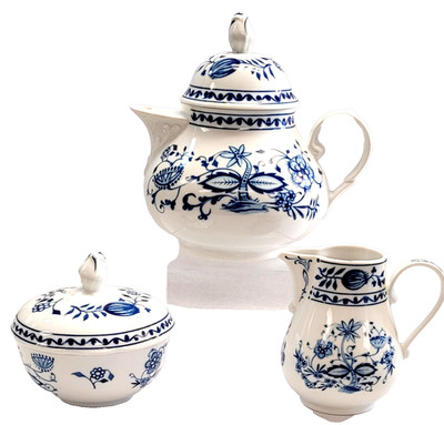 VTG Blue Onion Teapot + Cream & Sugar Zwiebelmuster Kahla Porcelain Germany