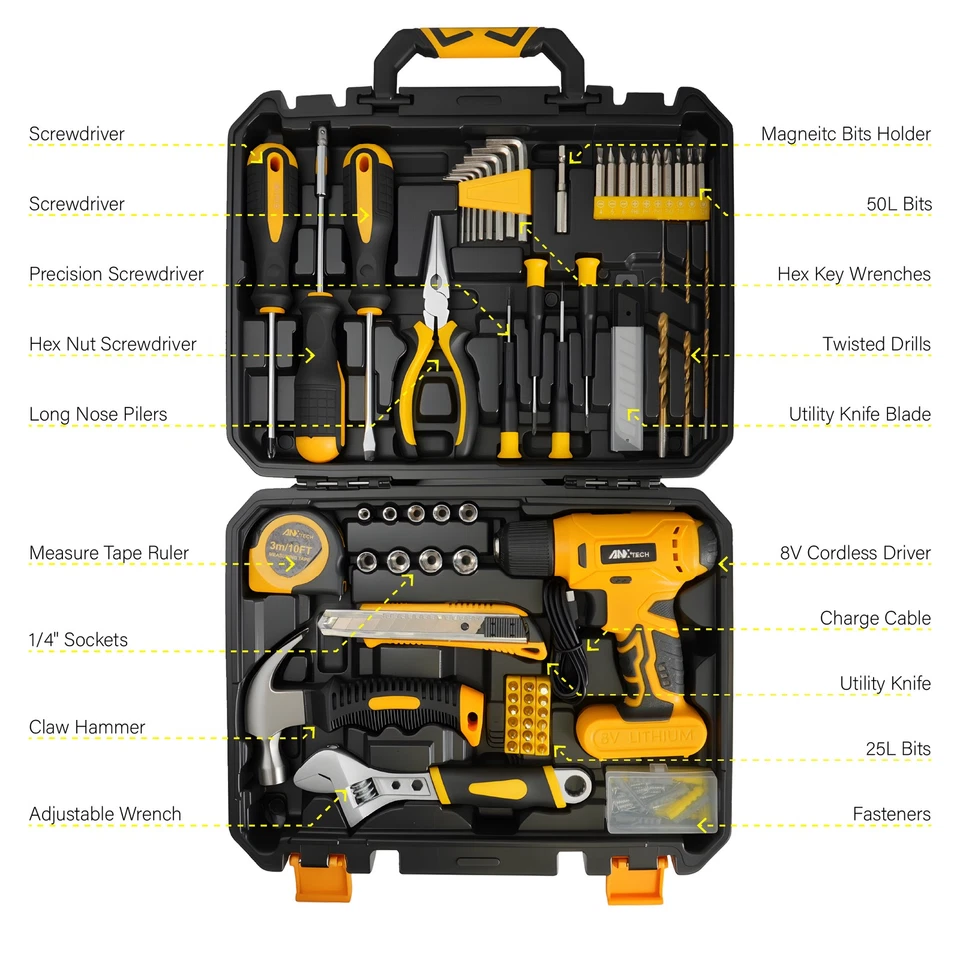 Kit de herramientas de mano para el hogar de 154 piezas con taladro inalámbrico de 8 V caja de herramientas portátil Foto 3 de 4