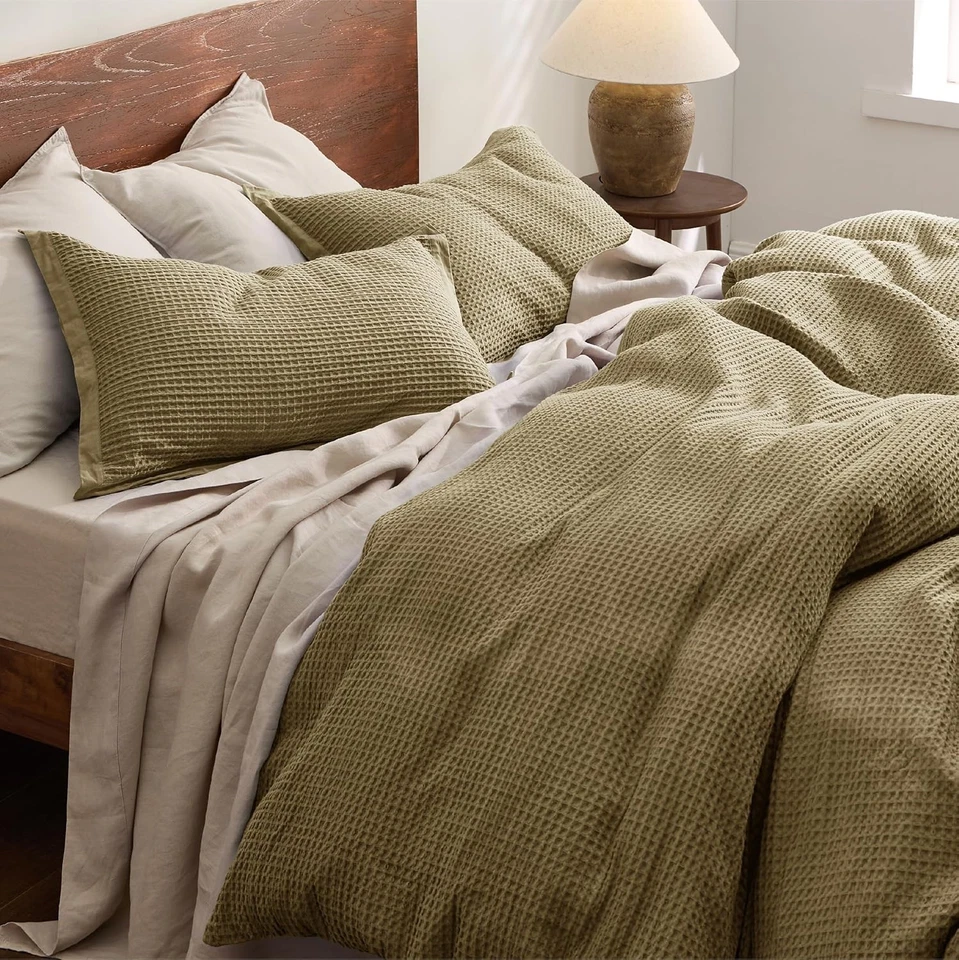 Juego de funda nórdica 100 % algodón tamaño queen, funda nórdica tejido gofre con almohada Sha Foto 3 de 4