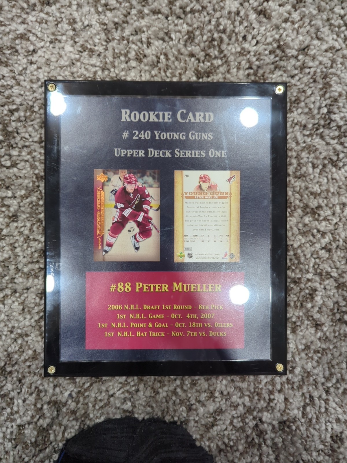 2007-08 PETER MUELLER UPPER DECK YOUNG GUNS ROOKIE CARD. PHOENIX COYOTES Plaque