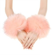 Faux Fur Arm Warmers Wrist Cuffs Winter Furry Hand Warmers for Cold Pink