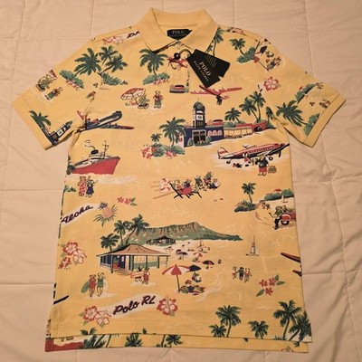 NWT Ralph Lauren Shirt Polo Bear Yellow Small S All Over Print Beach Plane AOP