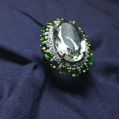 Green Amethyst Ring Green Tourmaline Diamond Halo 925 Silver Vintage Statement
