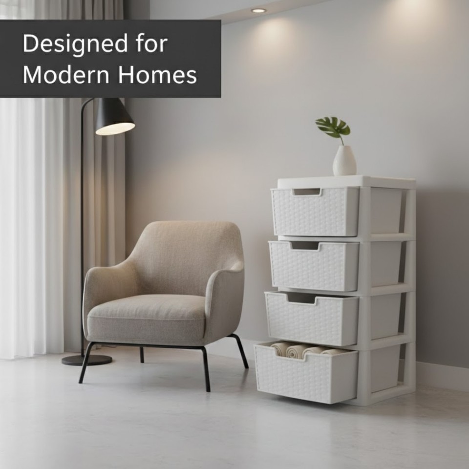Large 4 Drawers Rattan Storage Unit Modular Tower Plastic Organizer ...