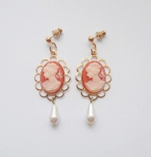 BN Vintage 1980's Gold-Tone Coral & Cream Cameo Stud Earrings w/ Drop Faux-Pearl