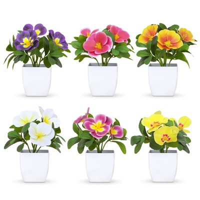 Artificial Pansy Flowers in Pots (6 Pack) - 5.9'' Mini Fake Potted Plants with...