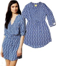 MAEVE Anthropologie Womens  Small Blue/White GALEN DRESS Mini Casual Tab Sleeves