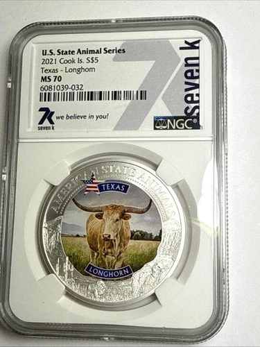 2021 Cook Islands $5 Texas Longhorn Coin MS 70 NGC State Animal Series