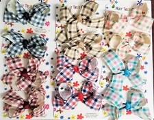 LOT OF 12 CHECKERED HAIR BOWS PARTY FAVORS ALLIGATOR GROSGRAIN PINK BLUE CLIP