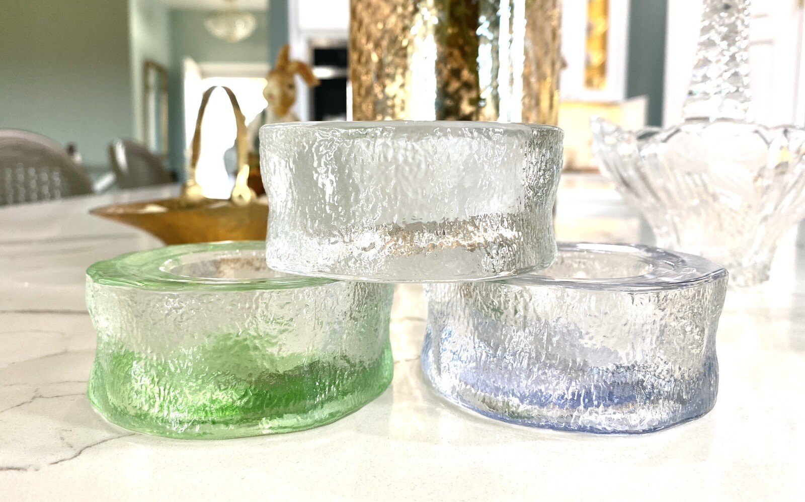 Tealight Candle Holders Multicolored Frosted Glass Diamond Trio Set New in Box-image